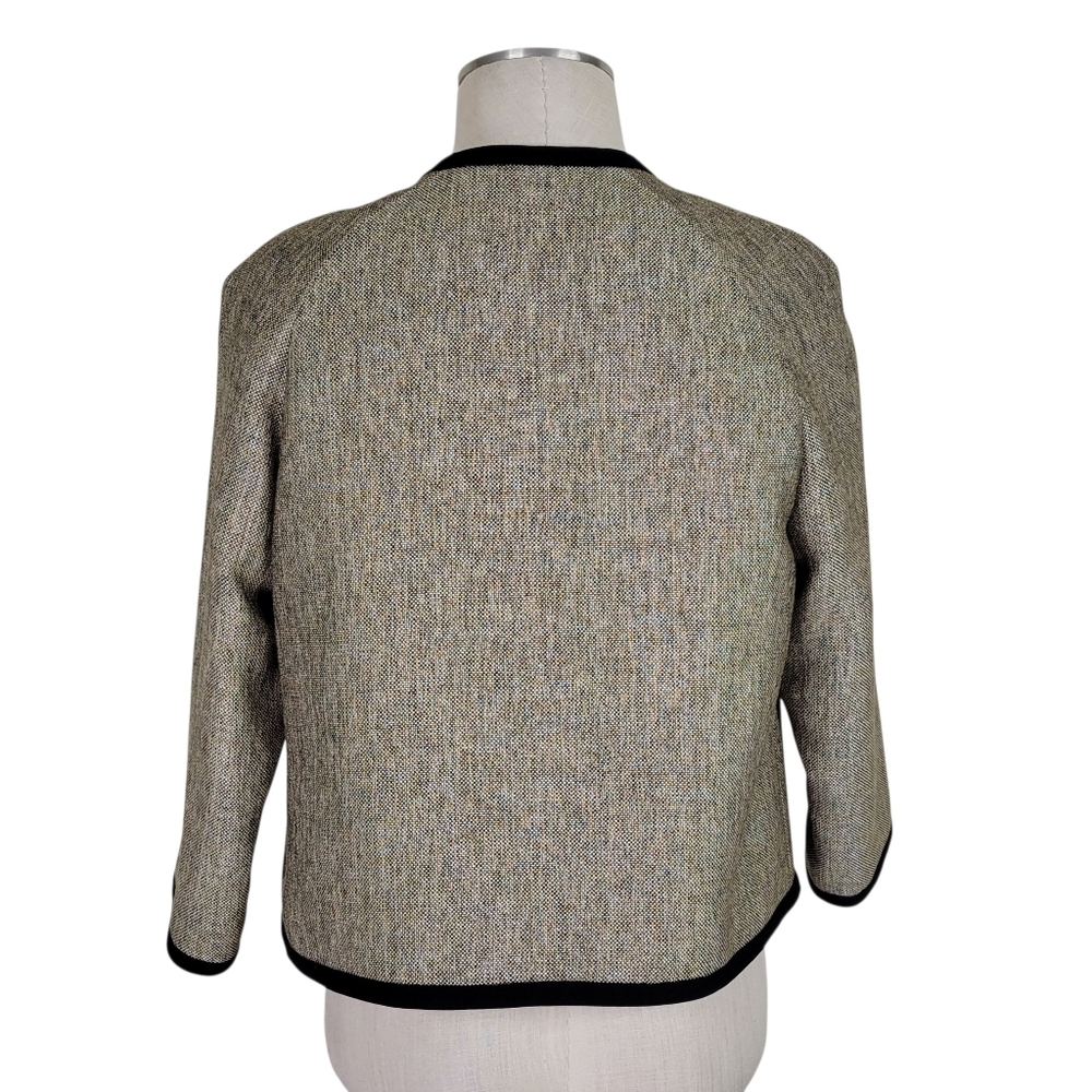 Kasper Tweed Skirt Suit 8 Black Tan Open Blazer 3/4 Sleeve Back Zip Kick Pleat - Picture 6 of 11
